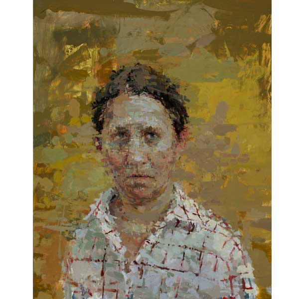Ann Gale, Self Portrait with Red Grid 2012 oil on masonite, 14 x 11 inches image courtesy of Dolby Chadwick and the artist