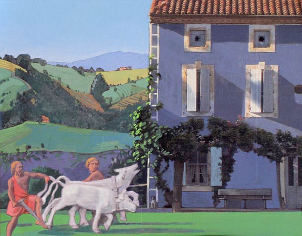Farmhouse with Bue, 2006, 11x14", mixed media/matte acrylic on panel