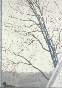 SNOW, TREE, WINDOW 2014 oil on masonite 15 5/8 x 11 inches