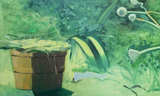 3 BUSHEL BASKET + IRIS LEAVES 2014 oil on masonite 12 x 19 7/8 inches