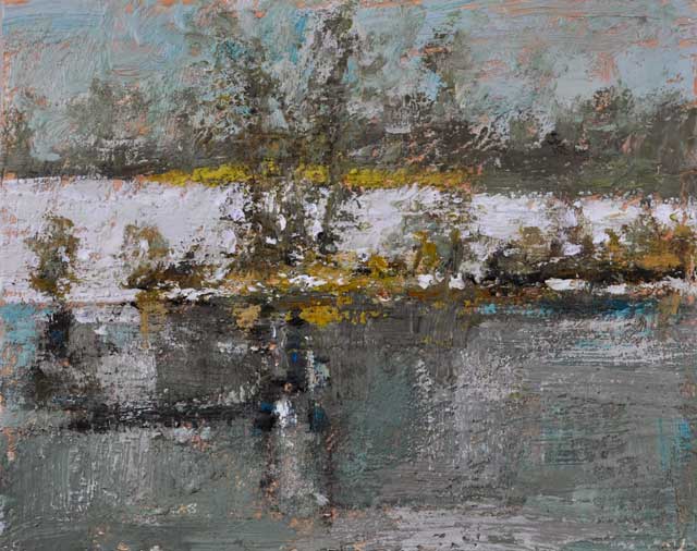 Luck's Farm, Frozen Pond Looking East, January 23, 2014, Encaustic on Board, 8" x 10"